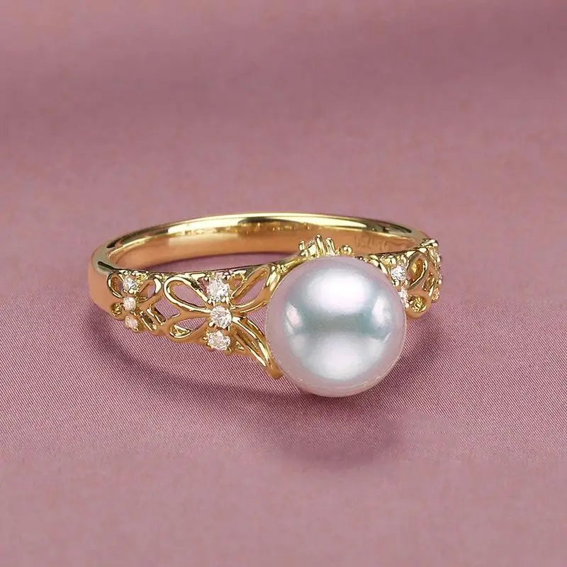 Imitation Pearl Ring for Women Vintage Hollow Out Butterfly Pattern Gold Color Adjustable Finger Accessories Trend Jewelry KCR24