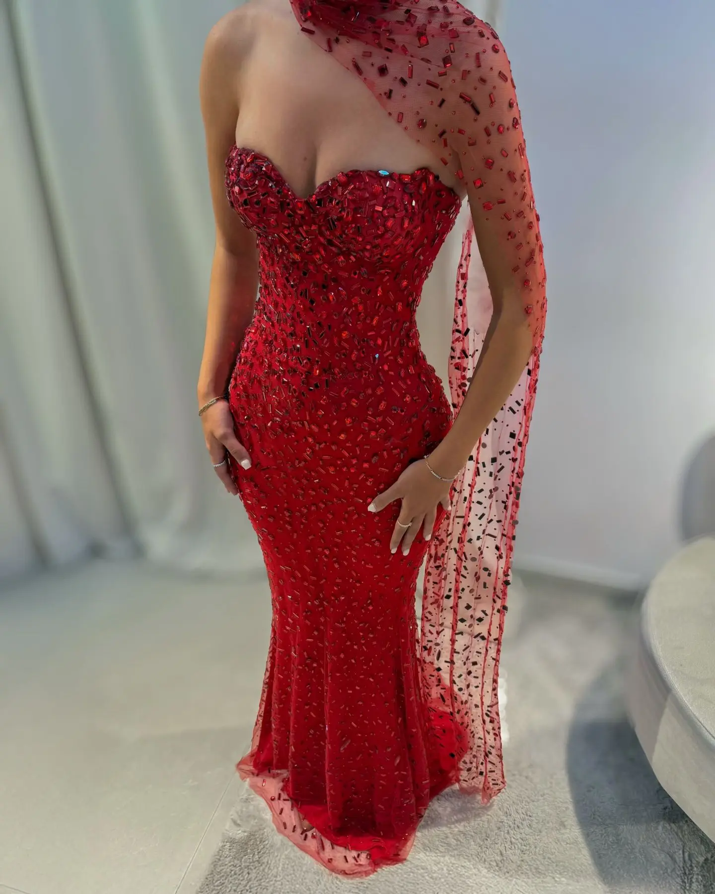 

Luxurious Red Rhinestone Cape Mermaid Prom Dress Strapless Sweetheart Floor-Length Formal Wedding Party Vestidos Customized