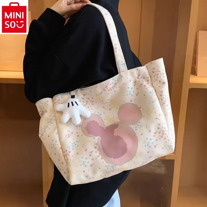 

MINISO Disney Large Capacity New Cartoon Mickey Print Casual Shoulder Bag for Students Versatile Canvas Tote Bag