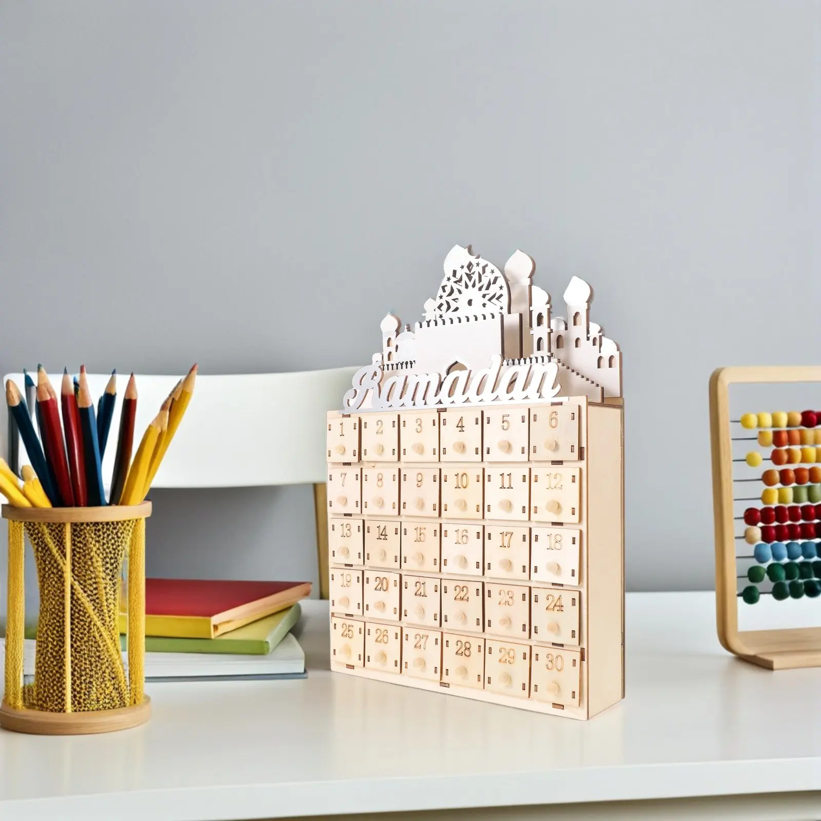 30-Day Ramadan Wooden Countdown Calendar with LED Lights Middle Eastern Castle Silhouette Eid Mubarak Festival Decor for Home
