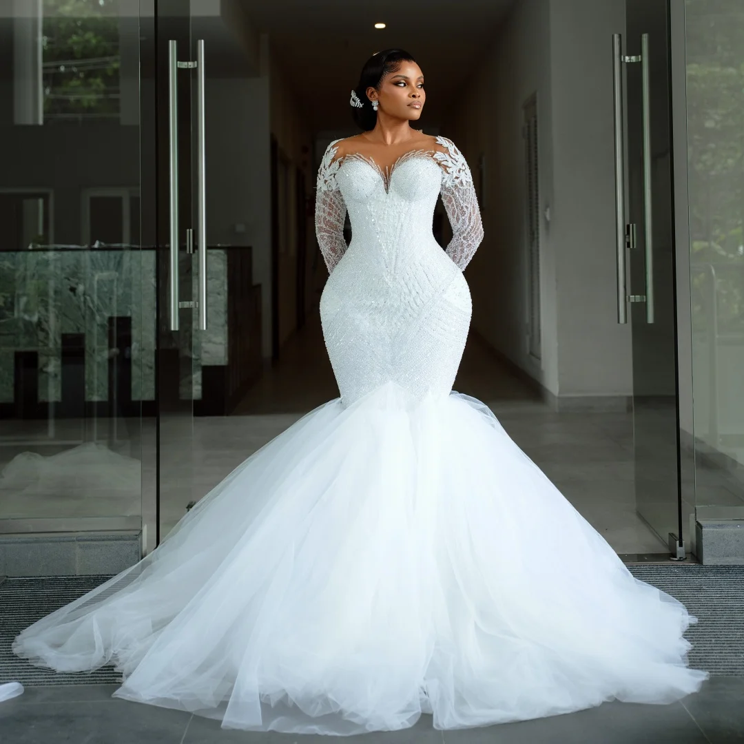 Exquisite Mermaid Wedding Dresses Lace Sequined Beading Long Sleeves Bridal Gown Plus Size White Tulle Party Dress Customized