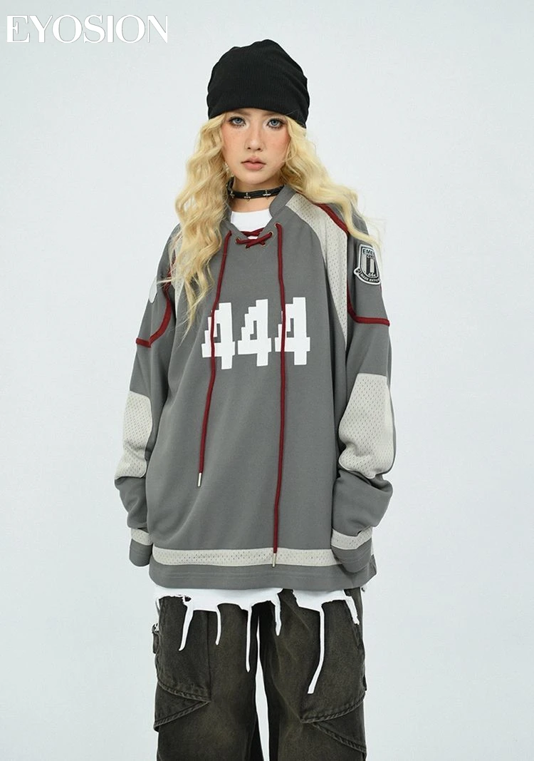 American Hip-hop Loose Long-sleeved Vintage T-shirt  Lace-up Patchwork Shirt Contrasting Drawstring Pullover for Men Women Tops
