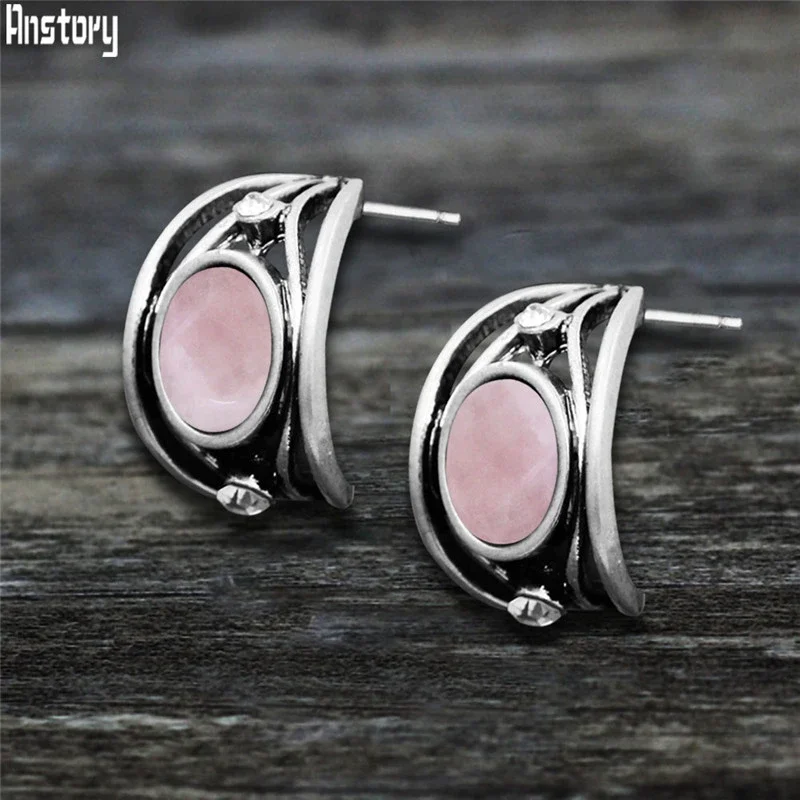 Vintage Natural Quartz Jades Amethysts Stud Earrings For Women Moon Shape Nautral Tiger Eye Lapis Lazuli Unakite Fashion Stud
