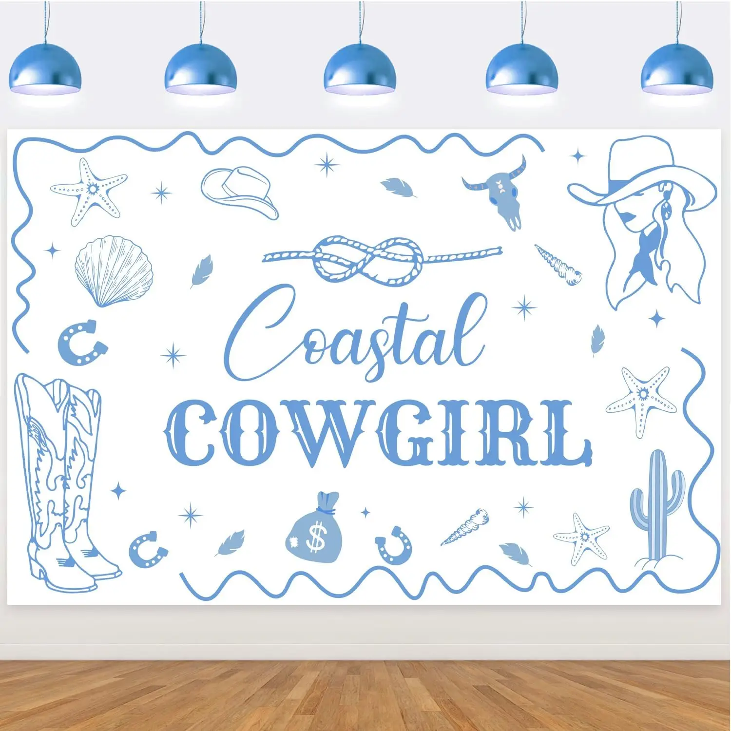 

Sursurprise 5x3ft Coastal Cowgirl Backdrop Blue Party Decorations Shell Hat Boot Photography Props Bachelorette Party Supplies