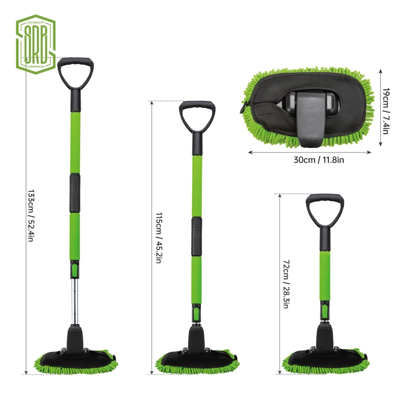 52'' Microfiber Car Wash Brush Mop Kit Sponge with Long Handle, Chenille Car Cleaning Brush Supplies Car Windshield Cleaner Pads