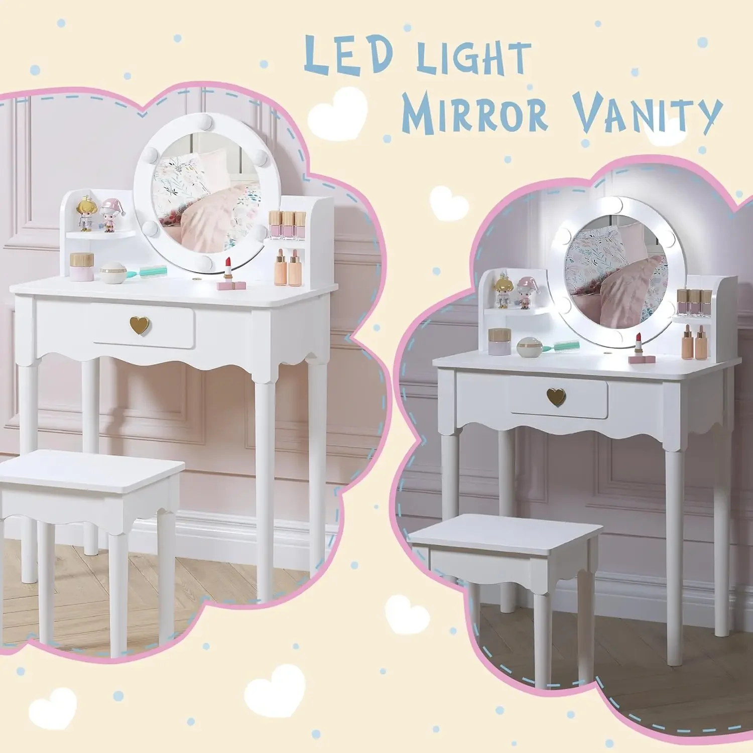 Kids Vanity, Girls Vanity Set with Mirror and Stool and Lights, Pretend Play Kids Vanity Table and Chair Set,Wooden Princess Mak