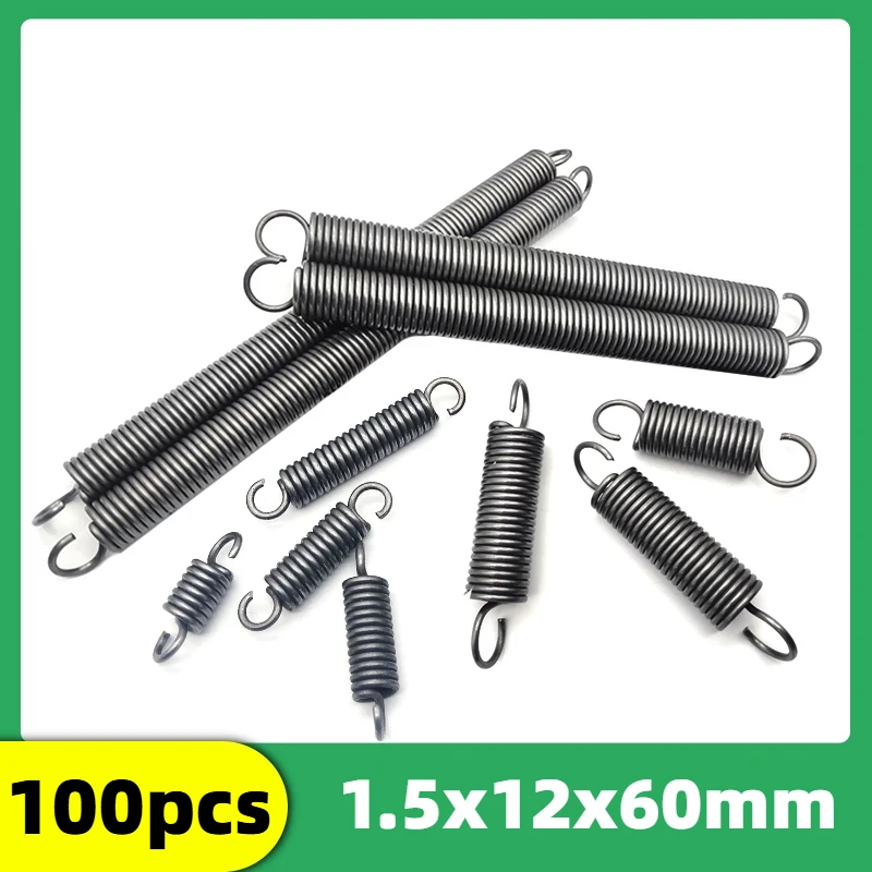 100pcs 1.5x12x60mm With Hook Extension Tension Spring Springs Steel Spring Force Measuring Spring Loop Springs