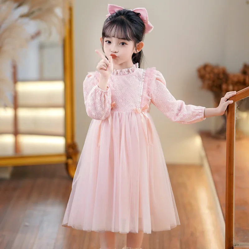 

Girls' Cotton Lining Chinese Style Spring Autumn Clothing New Style Princess Dress Fashion Lace Dinner Suit Baby Bow Yarn Skirt