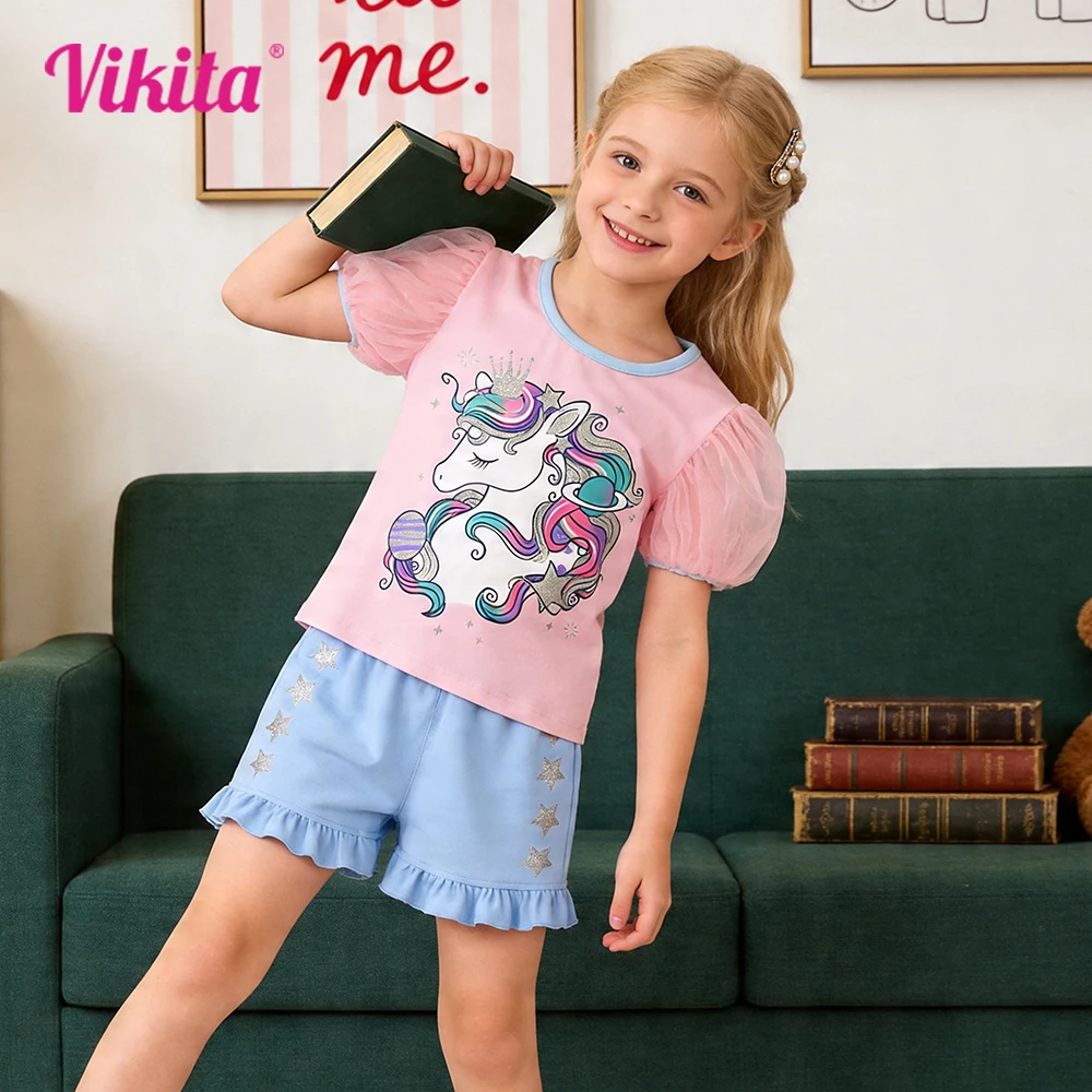 VIKITA Girls Clothing Sets Kids Unicorn Pink Puff Sleeve Tees and Blue Bottoms Shorts 2 Pcs Cute Summer Outfit Casual Wear