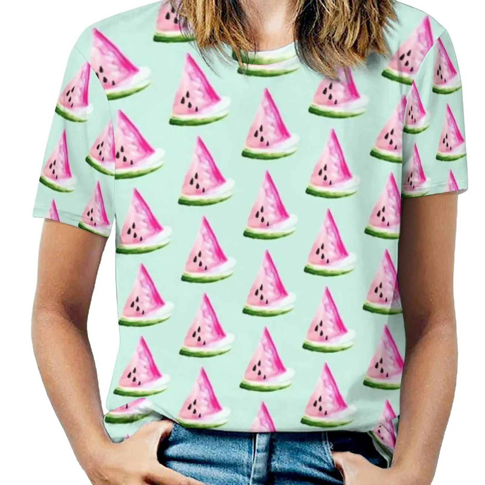 Watercolour Watermelon Woman'S T-Shirt Spring And Summer Printed T Shirts Crew Neck Pullover Top Watermelon Melon Water Melon