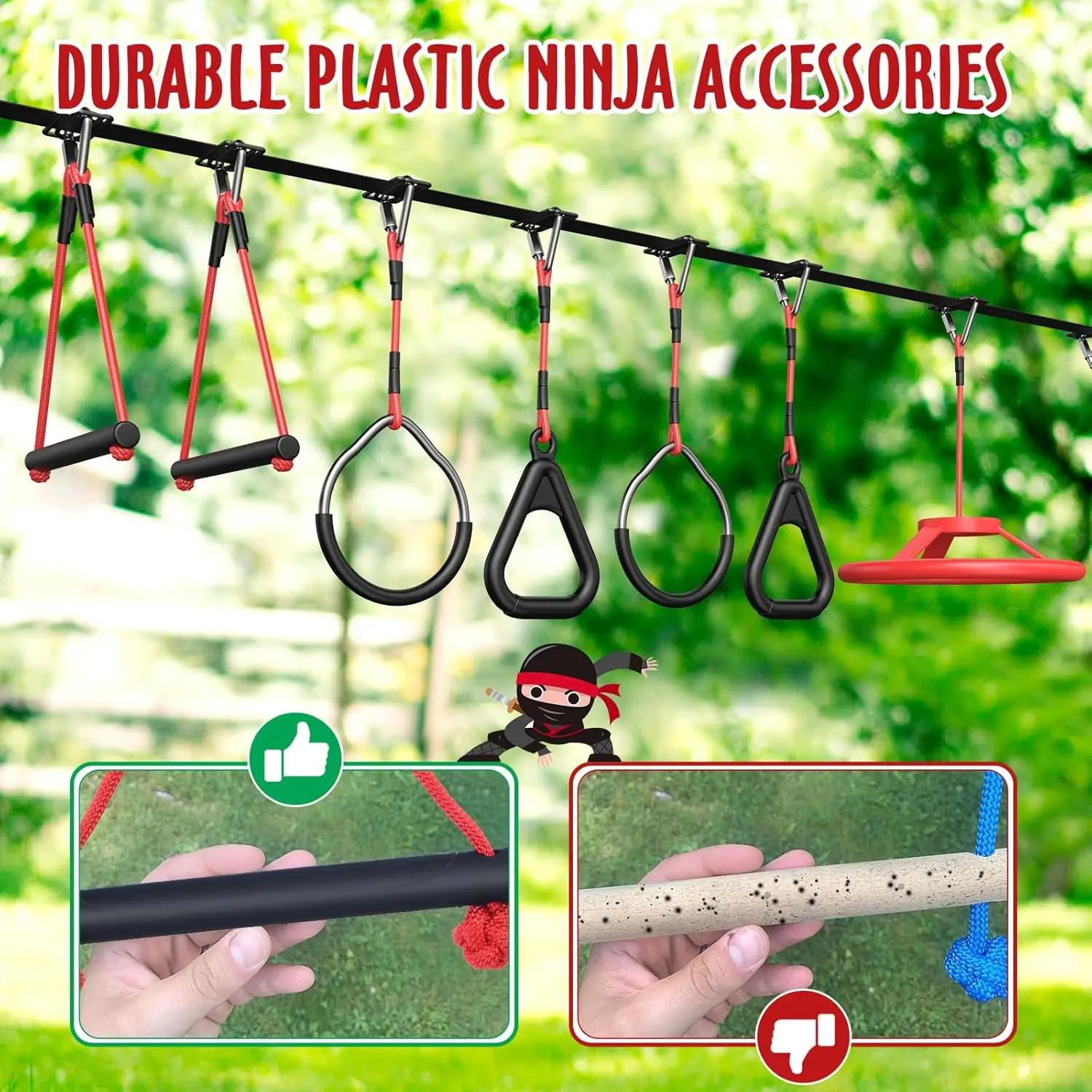 50 ft Ninja Warrior Obstacle Course for Kids with Tree Swing, Portable Slackline Swing Set with Weather-Proof Obstacles, Tree Ju