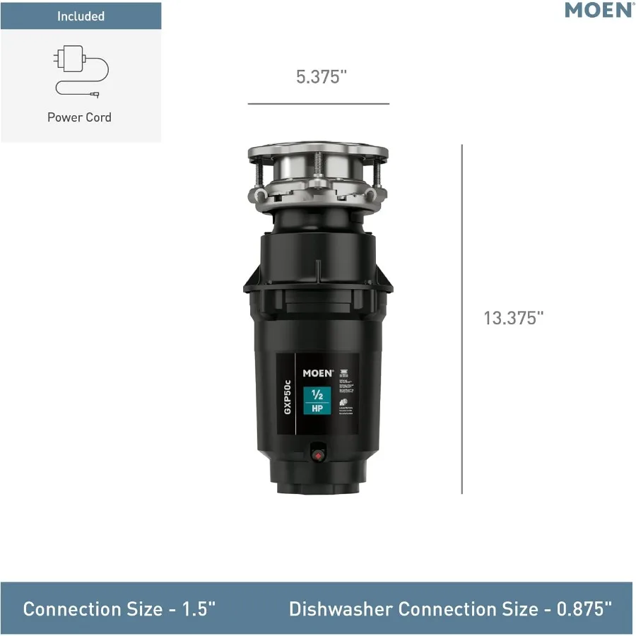 Moen Prep Series PRO التخلص من القمامة المدمجة للتغذية المستمرة لحوض المطبخ مع سلك الطاقة GXP50C