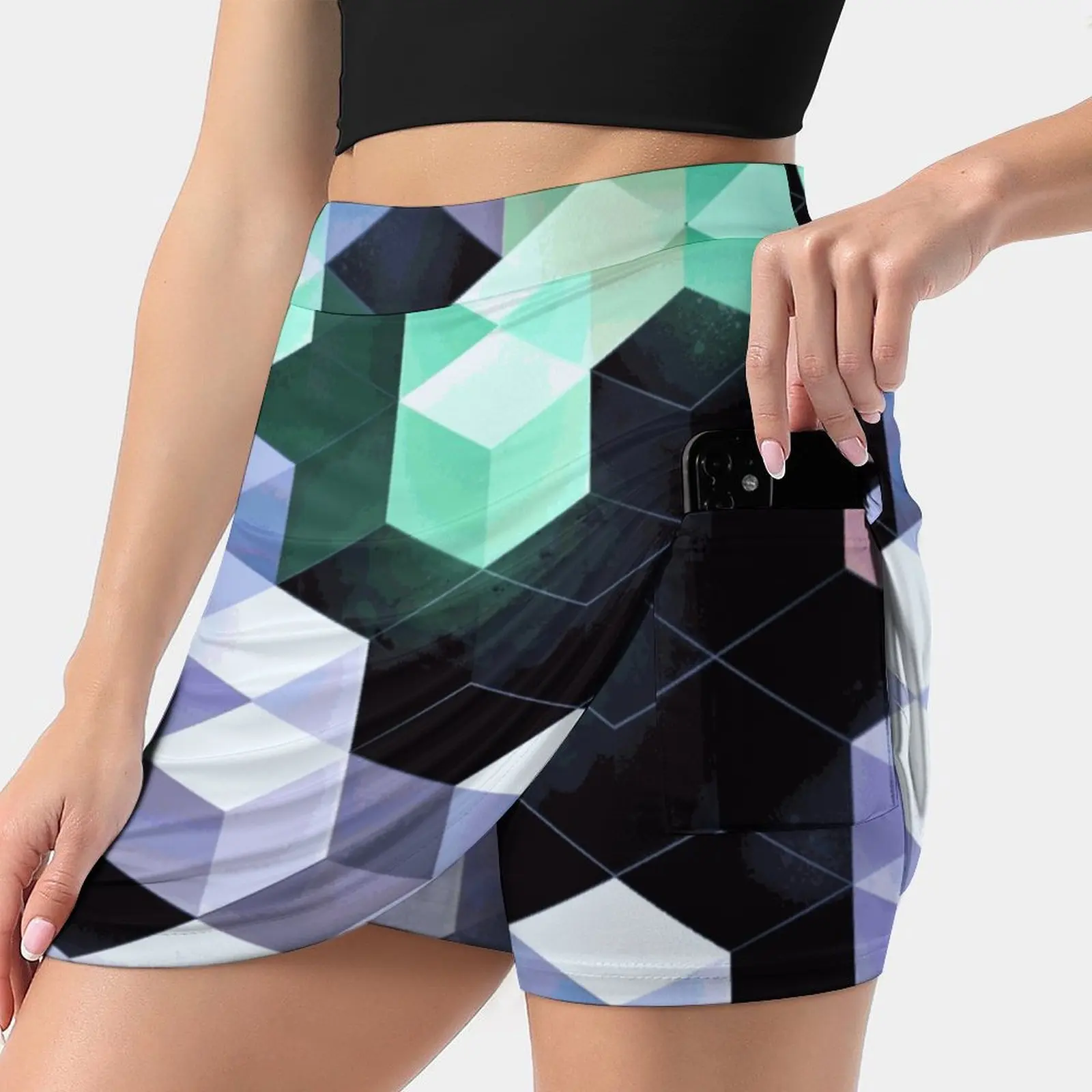 0672 / / Blyckmynt Women's Fashion Sporting Skirt With Pockets Tennis Golf Running Skirts 3D Pastel Black Abstract Shape Cube