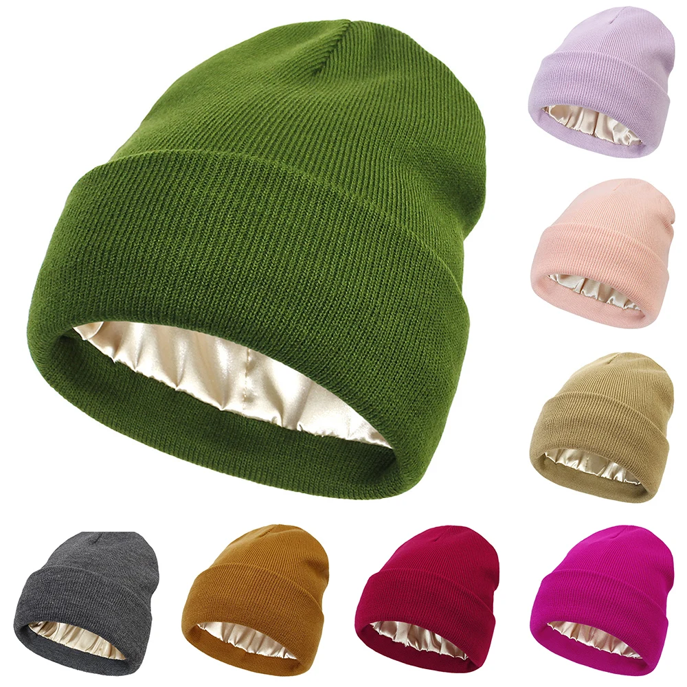 Gorro de otoño e invierno, gorros forrados de satén de seda, estilo protector para el cabello para hombres y mujeres, gorro de punto cálido, gorro de lana шапка ж Döncud