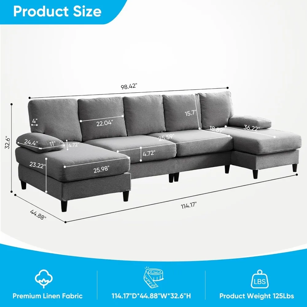 114 U-Shaped Living Room Sofa Set, Linen Fabric Oversized Sectional Soft Couch, 4 Seat Modern Couches with Removable Pill