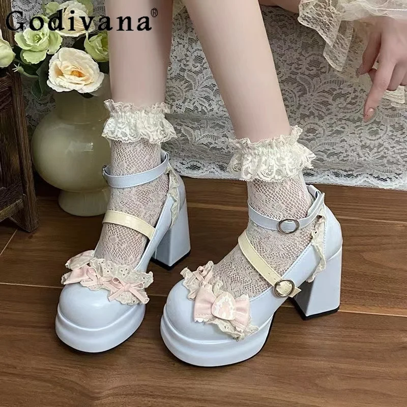 

Adorable Sweet Girl Japanese Original Lolita Mary Jane Shoes Bow Round Toe Waterproof Platform Fashion Versatile High Heels
