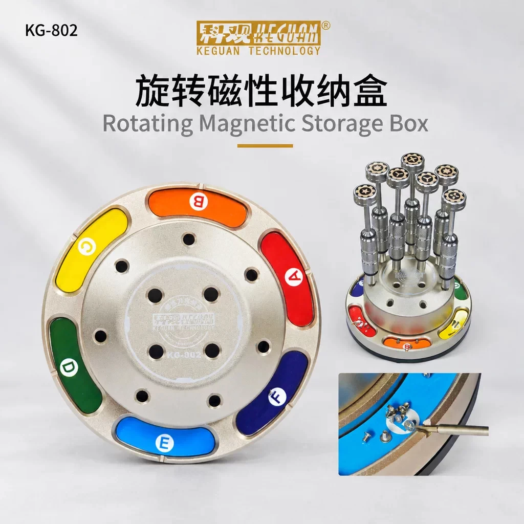 KEGUAN KG-802 Rotating Magnetic Screwdriver Storage Box Organizer with 11 Tool Holes Color Coded Base for Phone Repair Tools