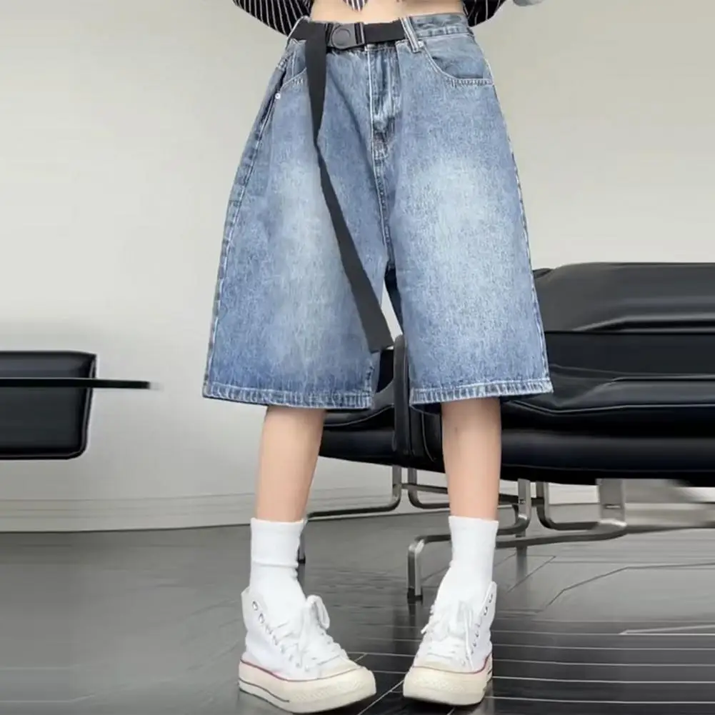 

Stretchy Denim Trousers Streetwear Lady Short Jeans Trendy Women's Denim Shorts with Belt Wide Leg High Waist for A Stylish Hip