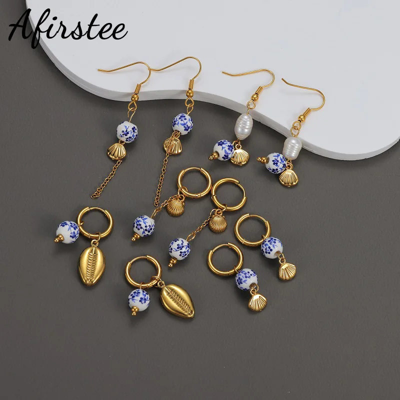 

Afirstee Multiple Style Ocean Series Earrings Shell Round Ceramics For Women Stainless Steel Jewelry Girls Drop Earrings