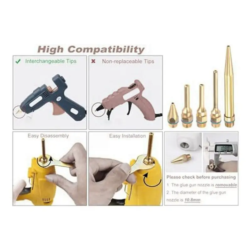 B84B-5 Pieces Glue Guncopper Nozzle Tips With O-Ring Bore Long Tube Nozzles Thread Interchangeable Nozzle Set For Hot Meltingglu