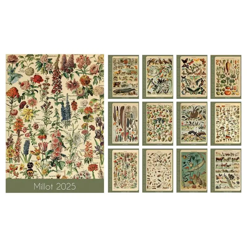 2025 Calendar Floral Vintage Art Calendar Vertical Monthly Wall Calendar Creative Monthly Wall Calendar Hangable Wall Calendar