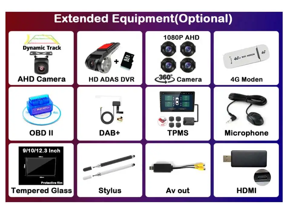 

Для Android-экрана навигации Автомобильный мультимедийный плеер аксессуары дополнительный DVR OBD HDMI AV OUT DAB TPMS Stylus 4G Moden 360 камера