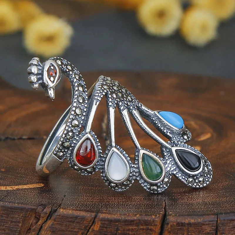 925 Sterling Silver Peacock Ring Female Retro Exaggerated Opening Phoenix Index Finger Ring Women Stones Temperament Accessories