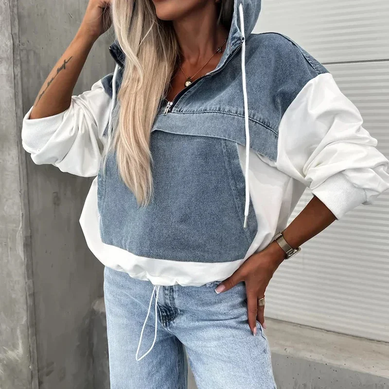 Women's Casual Long Sleeve Pocket Loose Pullover 2024 Fashion Patchwork Hooded Sweatshirts Elegant Drawstring Zipper Hoodie Tops