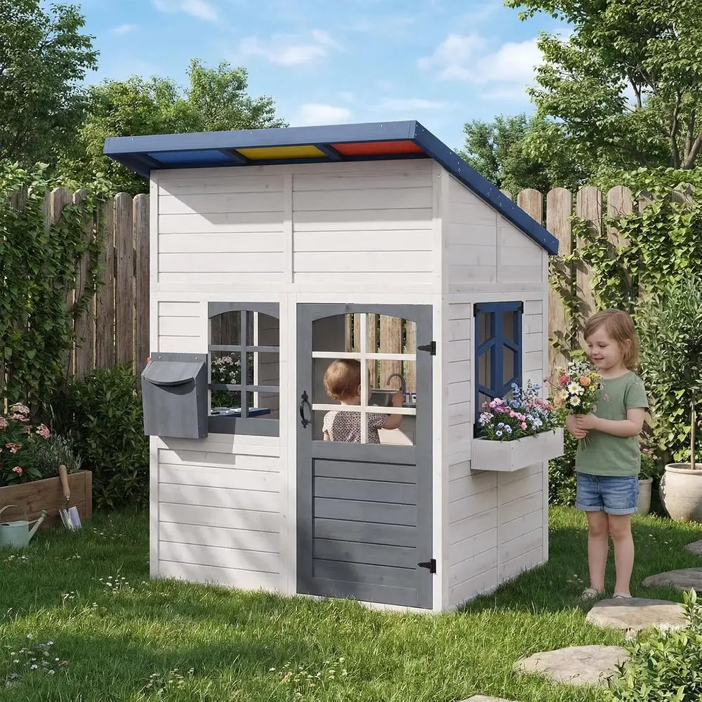 

YOLENY Wooden Playhouse or Kids Outdoor, Solid Wood Sloped Roo Playhouse with Colorul Acrylic Roo, Side Window, lower Pot Holder