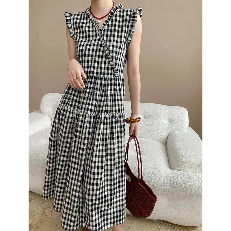 

Sweet V-neck Fungus Lace Sleeveless Plaid Dress Women Black Blue French Elegant Summer French Lady Vest Long Dress