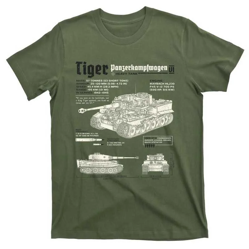 German Tiger Tank Panzer World War 2 Blueprint Men T-Shirt Short Casual 100% Cotton Shirts O-Neck Harajuku Mens Clothing