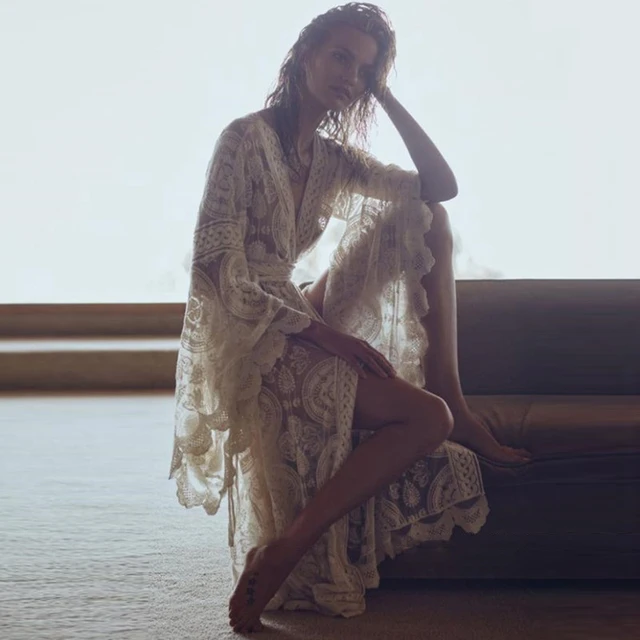 Kimono bohemio de manga larga con encaje floral para mujer
