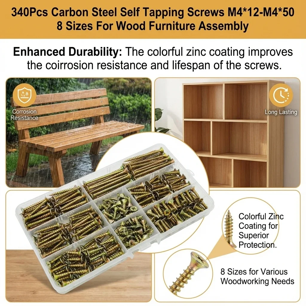 340Pcs Carbon Steel Self Tapping Screws M4*12-M4*50 8 Sizes For Furniture Assembly