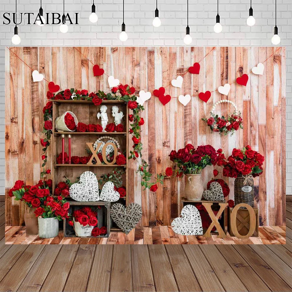 Valentines Day Photo Backdrop Red Rose Rustic Wood Kissing Backdrop Wall Love Heart Photography Background Photo Studio Props