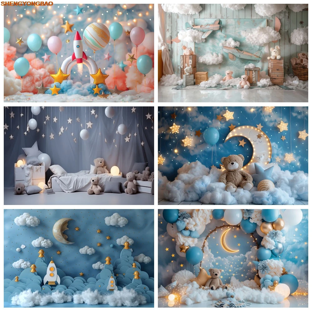 

Blue Toy Bear Backdrops For Photography Balloon Stars Newborn Baby One Birthday Party Decoration Background Photo Studio Props