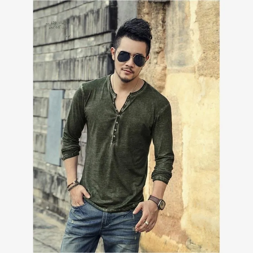 

New Sle Worn-In V-Ne Long Sve Men's T-irt Casual Henry irt Trendy Cotton Warm Youthful Sle Four Seasons Wear