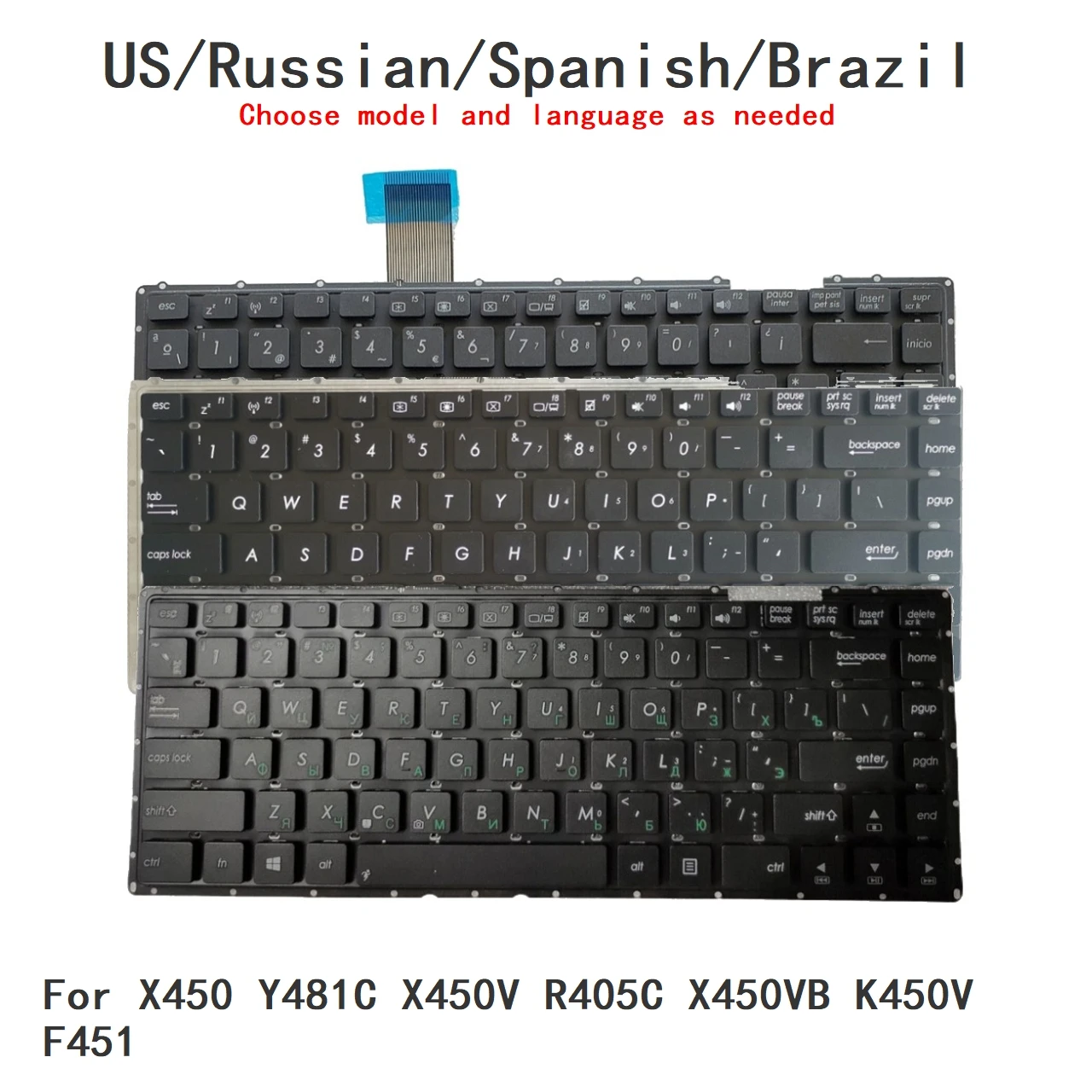 New US Russian Spanish Brazil Language  Keyboard For ASUS X450 Y481C X450V R405C K450V Notebook PC Replacement Keyboard