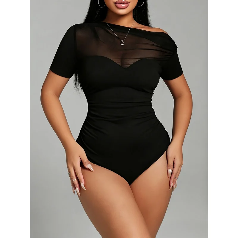 2026 Spring/Summer New Luxury Sexy Black Asymmetrical Shoulder Mesh Patchwork Pleated Women's Bodysuit