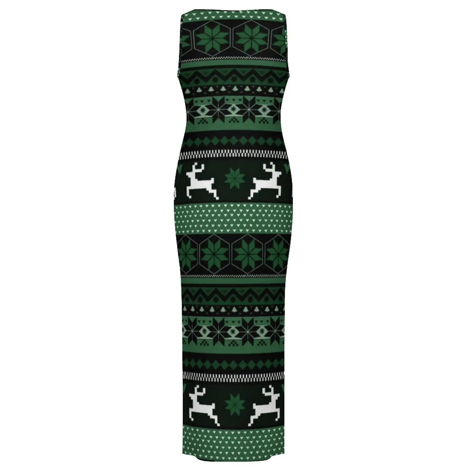 ผู้หญิงชุดเข้ารูปชุดลําลองนอร์ดิกคริสต์มาสพิมพ์ชุด Maxi วันหยุดสีเขียว Fair Isle แขนกุด Y2K แฟชั่นชุดขนาดใหญ่