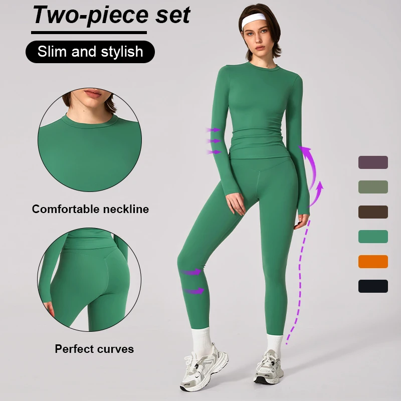 Women Sportswear Yoga Set Tracksuit Yoga Suit Sport Clothes Shirt Trousers Long Sleeves Pants 2Pcs Gym Fitness Training Slimming