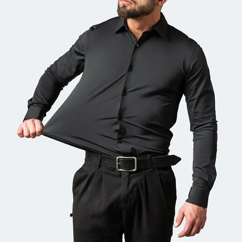 Plus Size High Elasticity Seamless Spandex Shirt Men Long Sleeve Slim Fit Casual Solid Color Social Formal Dress Shirts 50-110KG