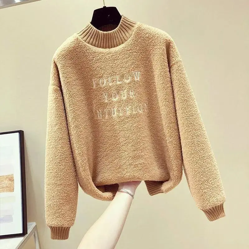 

Half High Collar Thickened Lamb Fleece Sweater Women's 2023 Autumn/Winter Korean Fashion Embroidered Pullover Loose Top