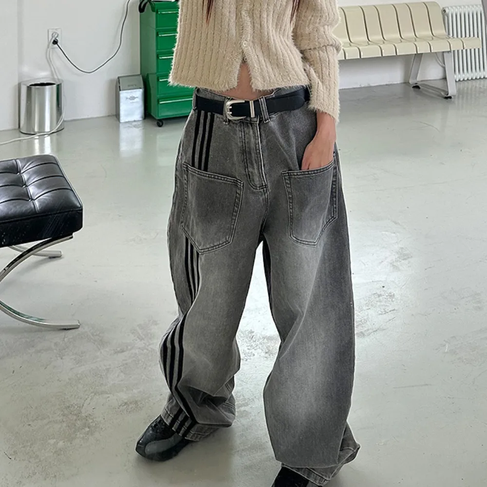 

Women's Grey Striped Baggy Jeans Y2K American Harajuku High Street 2000S Aesthetic Retro Loose Wide Leg Jeans Pants Clothing New
