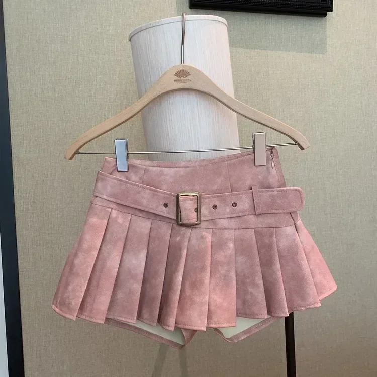 2024 New Winter Women’s Sexy 90S PU Faux Leather Skirt Short Skinny High With Belt Short Mini Pleated Skirt With Shorts Y2K