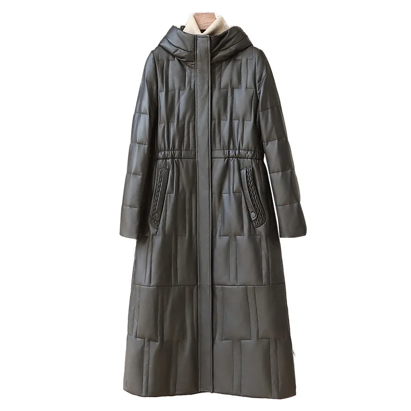 100% pele de carneiro com capuz ganso para baixo parka 2025 moda feminina temperamento quente casaco de couro genuíno