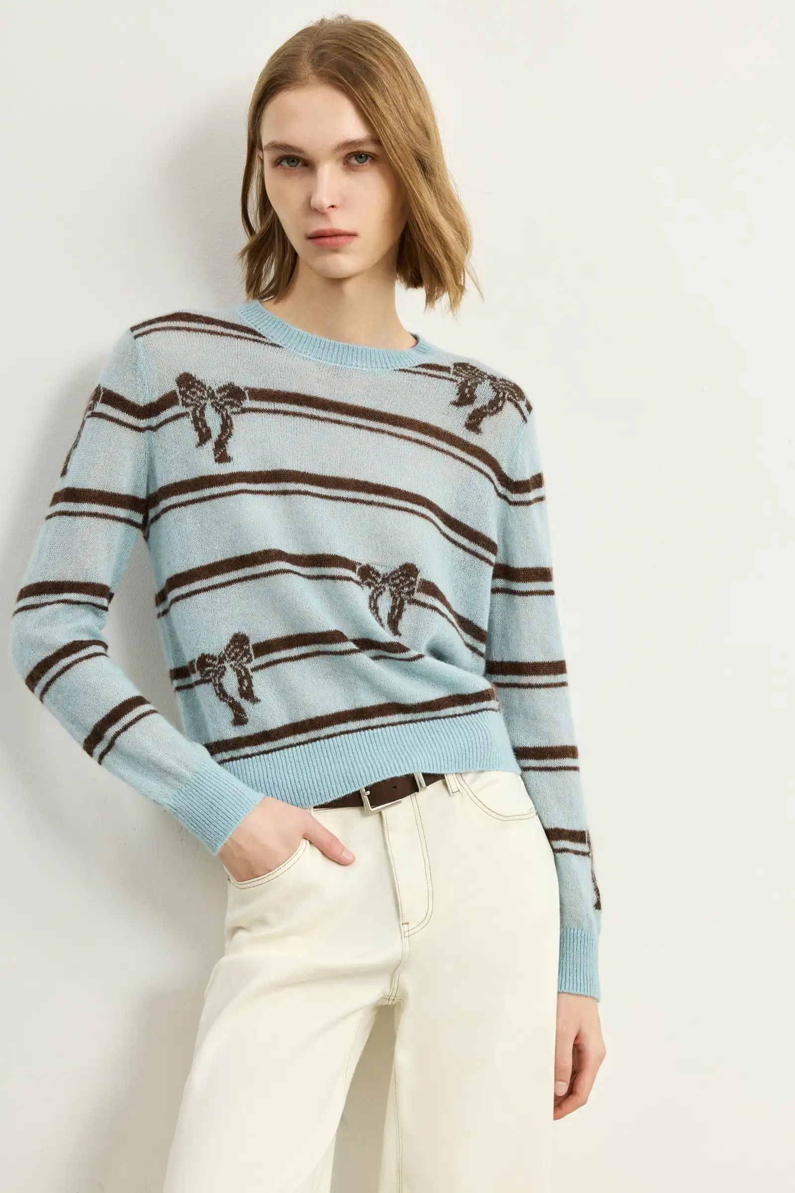 LILY Contrast-Stripe Bow-Jacquard Sweater