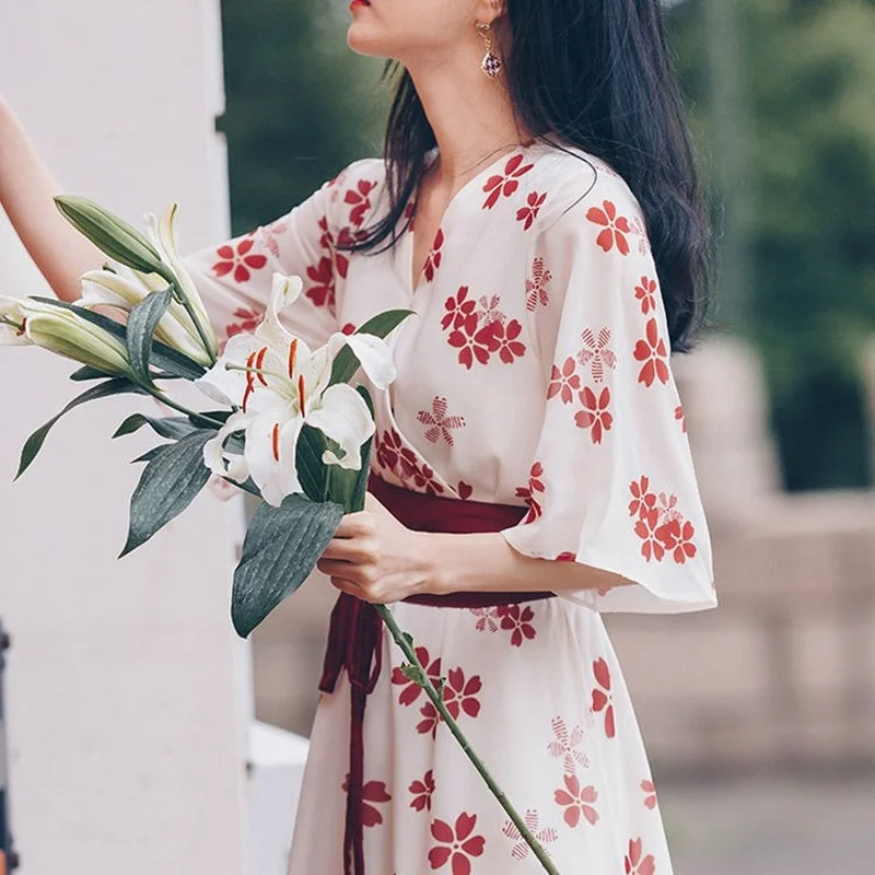 Hanfu-vestido Floral de estilo chino Vintage para mujer, vestido superajustado de gasa de manga corta para primavera y verano, novedad de 2022