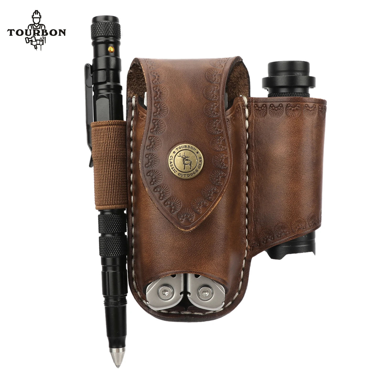 Tourbon Thick Leather EDC Pocket Organizer Multitool Sheath Clip-on Belt Solid EDC Belt Pouch Sheath Case Brown