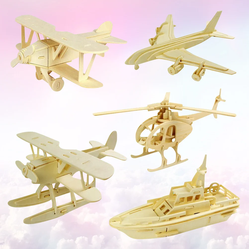 

5 Pcs Wooden Puzzle Plaything 3D Puzzle Toy Simulation Patrol Boat Plane DIY Handmade Craft Jigsaw Puzzle Model