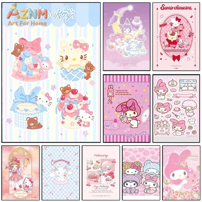 Kuromi My Melody Canvas Poster Cute Sanrio Cartoon Print Unframed Canvas Art Purple Floral Butterfly Plaid Sweet Kawaii Aestheti